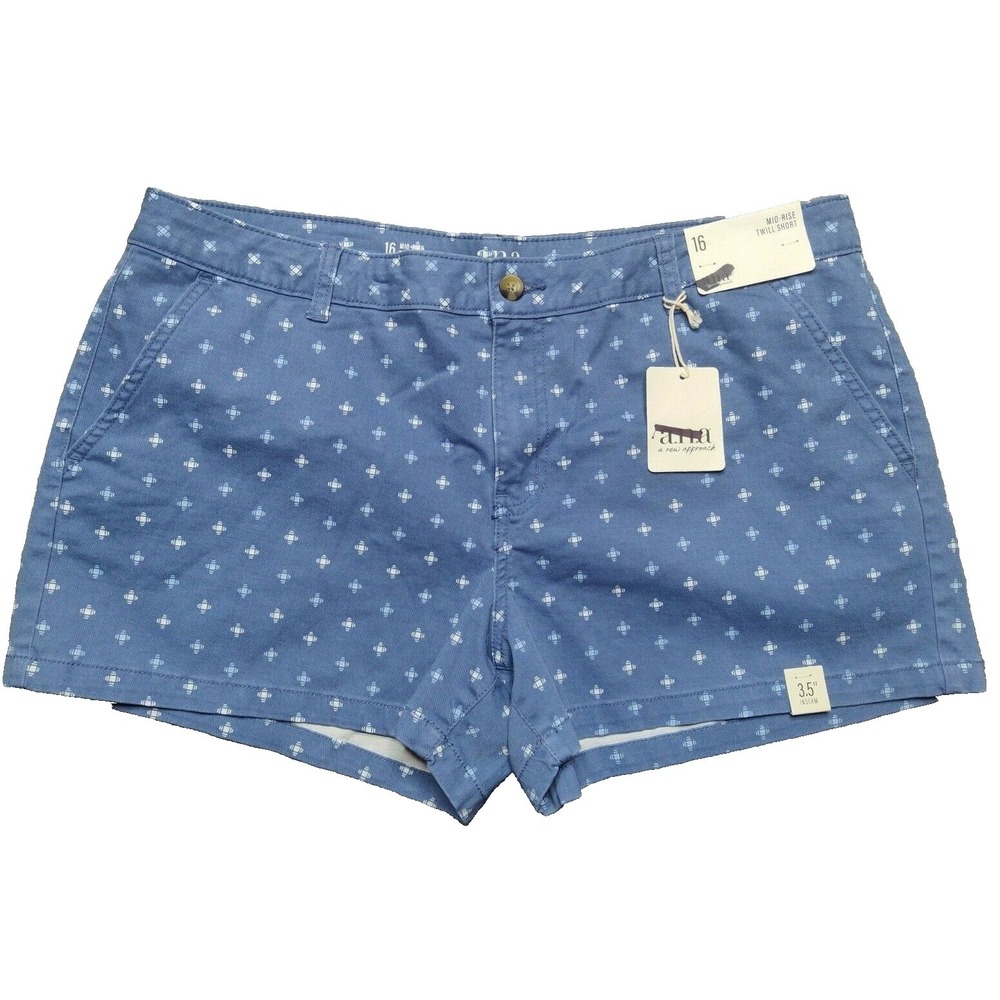 ANA Women's Size 16 Blue Shiburi Geo Mid-Rise Twill 3.5" Shorts NEW‎